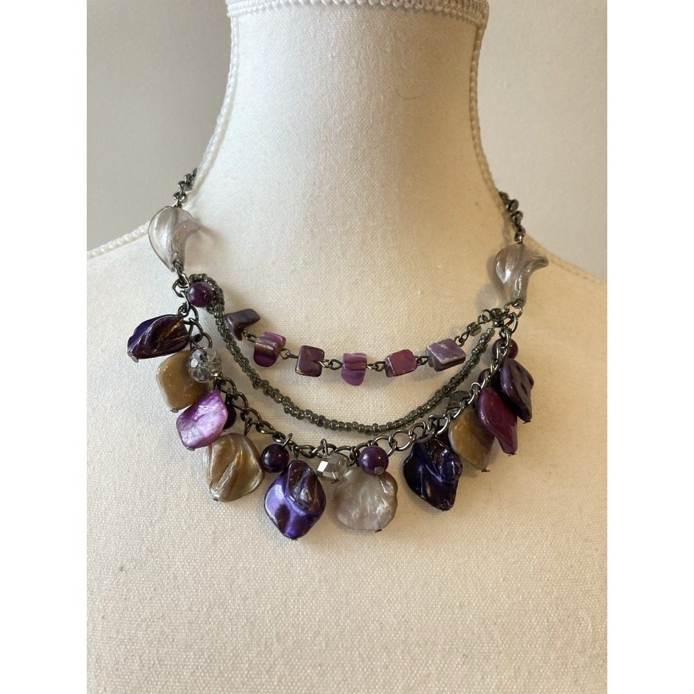 Purple Taupe Faux Shell Charm Necklace Multi Strand Beaded Dark Romantic Coastal